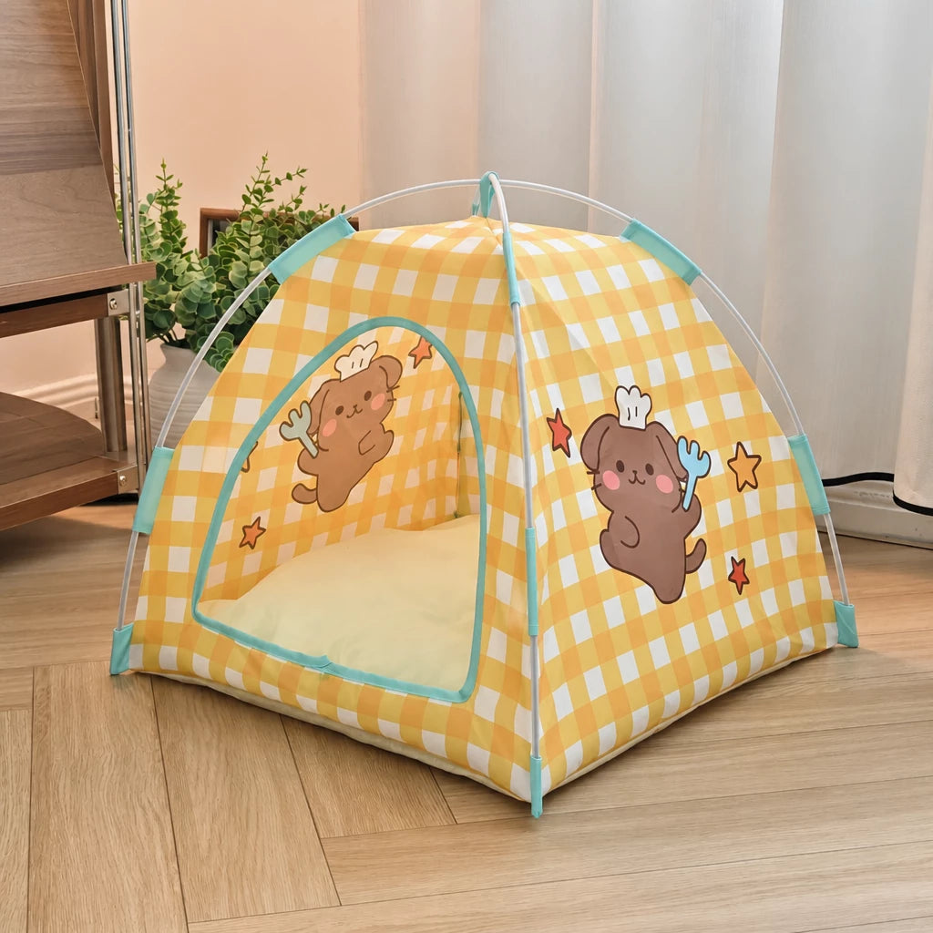 Semi-Enclosed Foldable Pet Tent Bed for Cats and Small Dogs