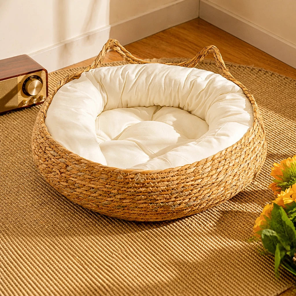 Woven Rattan Cat Bed with Cat-Ear Design