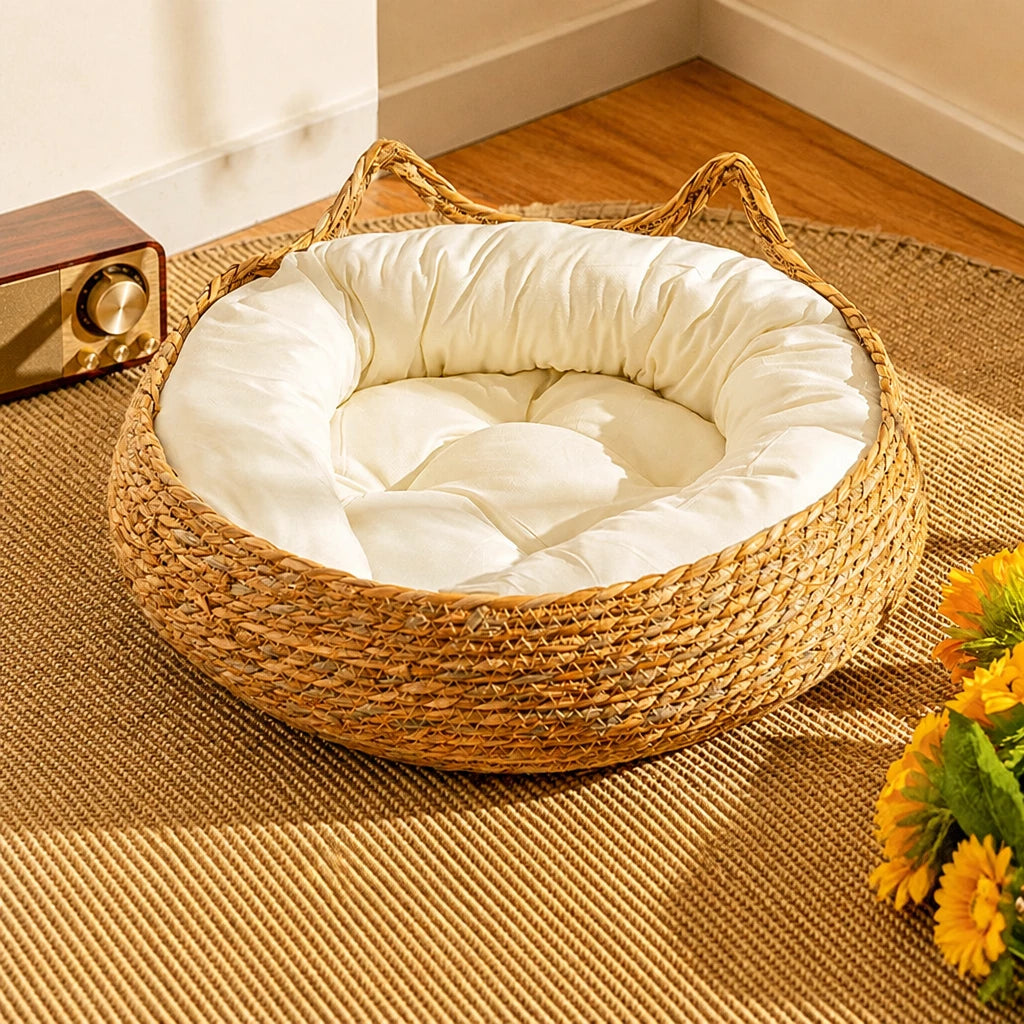 Woven Rattan Cat Bed with Cat-Ear Design
