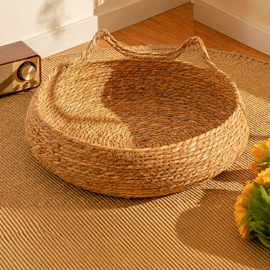 Woven Rattan Cat Bed with Cat-Ear Design