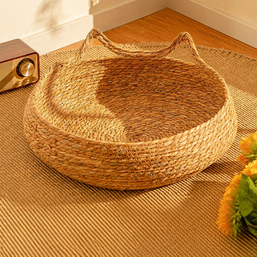Woven Rattan Cat Bed with Cat-Ear Design