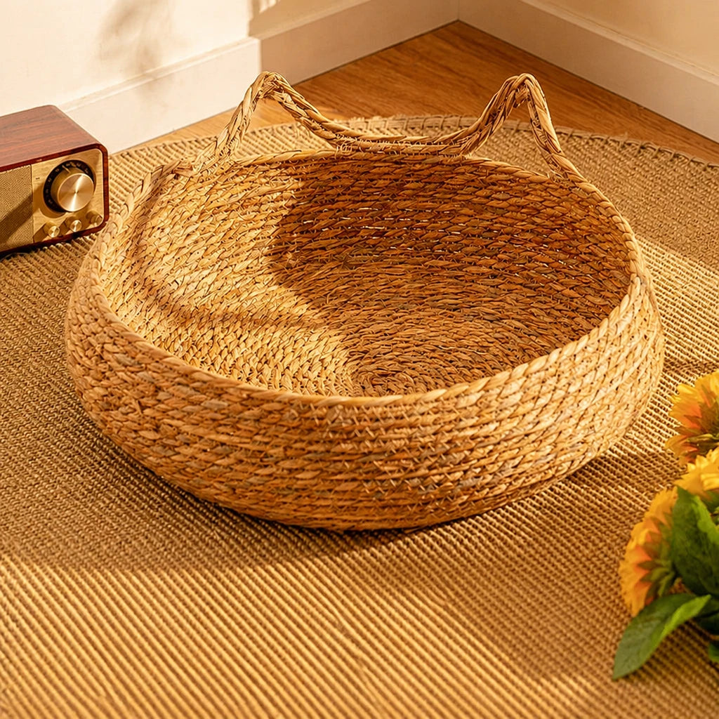 Woven Rattan Cat Bed with Cat-Ear Design