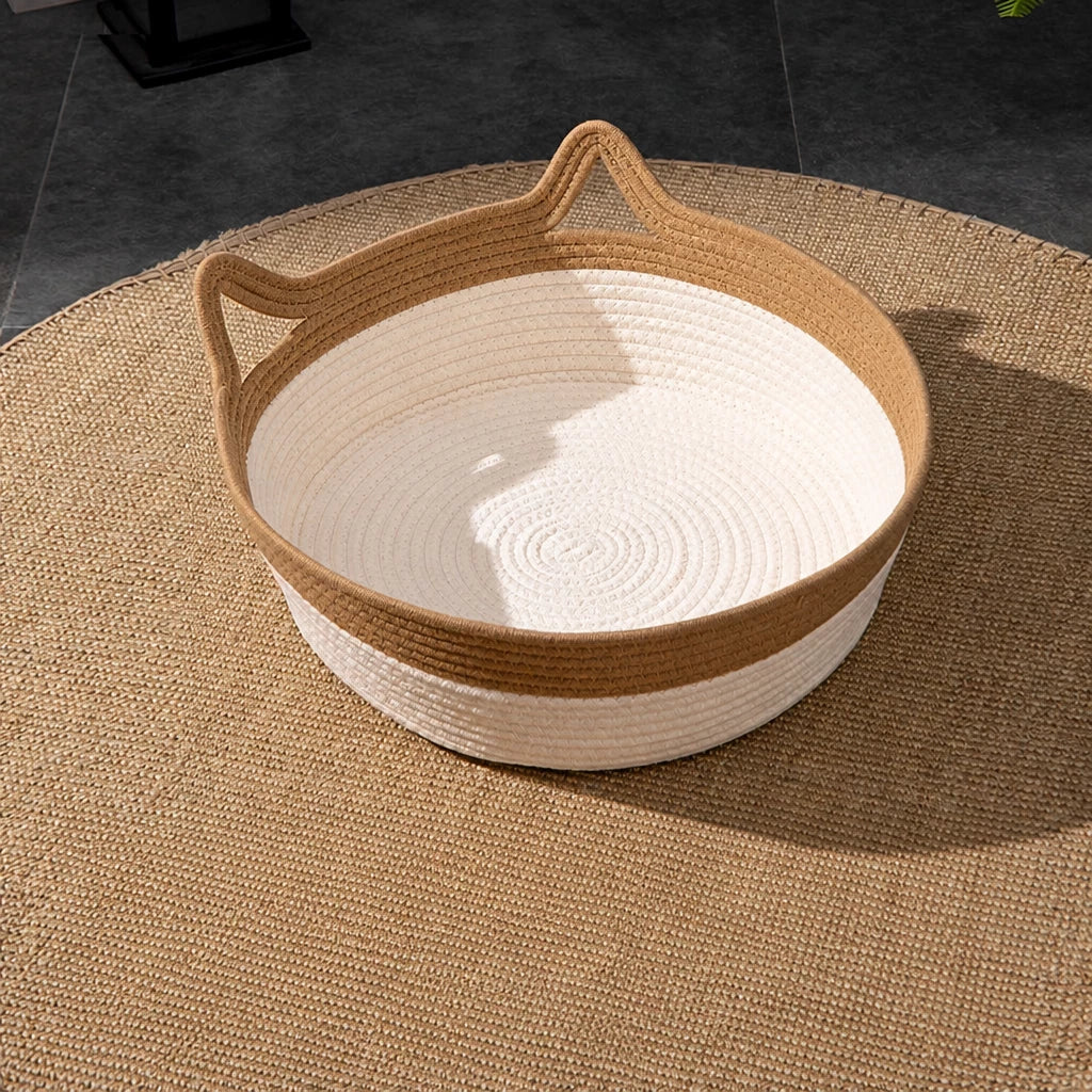 Woven Rattan Cat Bed with Cat-Ear Design