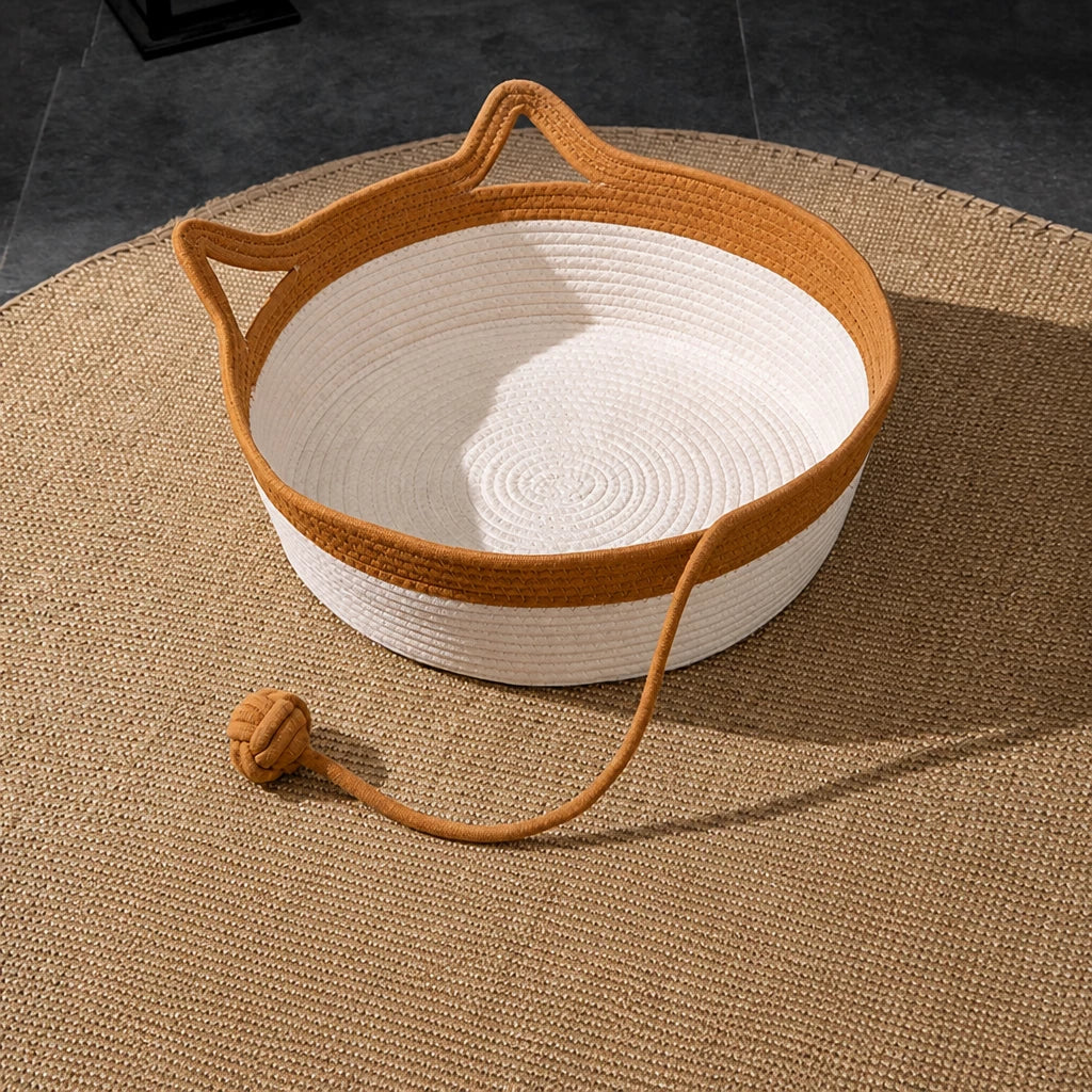 Woven Rattan Cat Bed with Cat-Ear Design