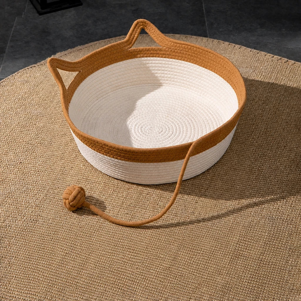 Woven Rattan Cat Bed with Cat-Ear Design