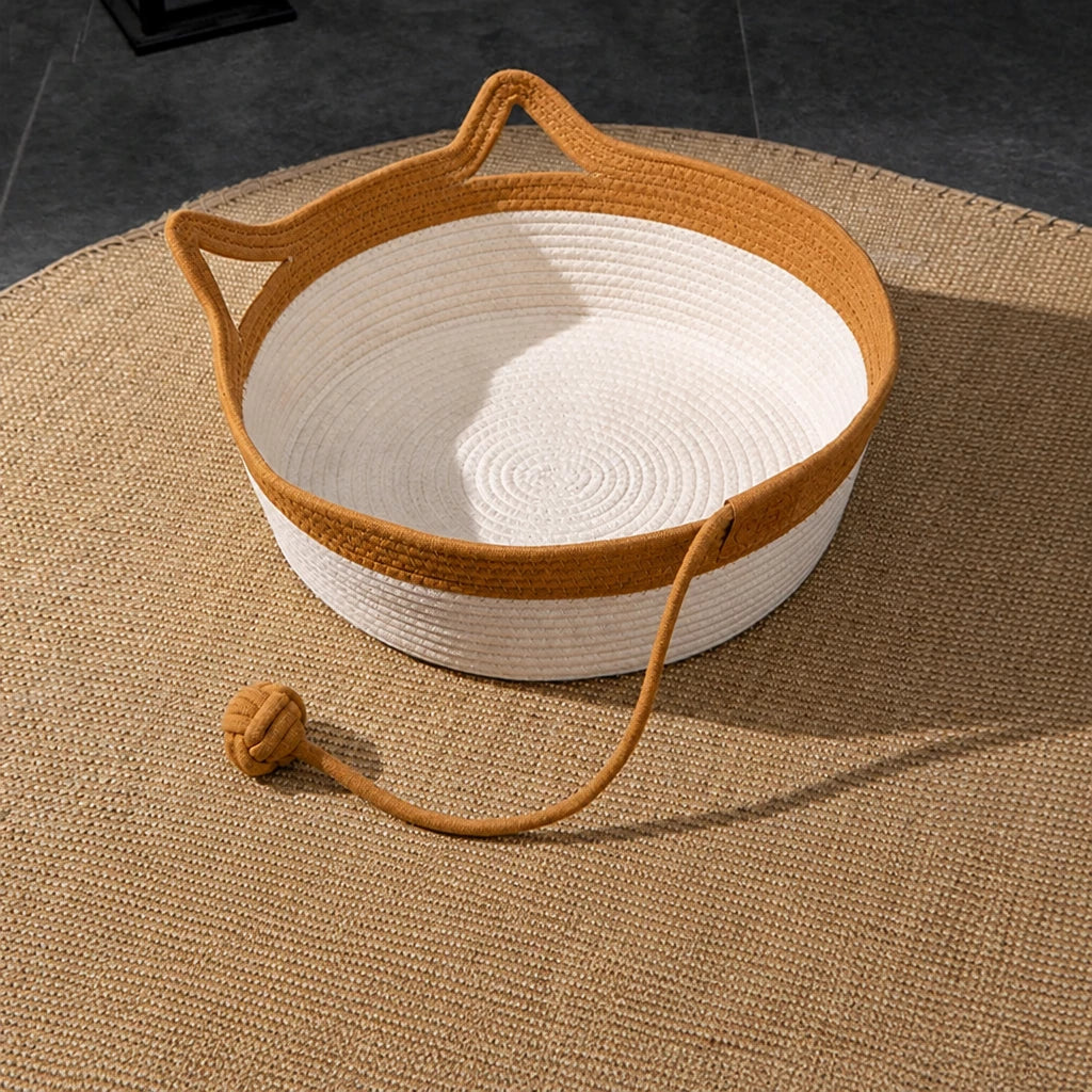 Woven Rattan Cat Bed with Cat-Ear Design