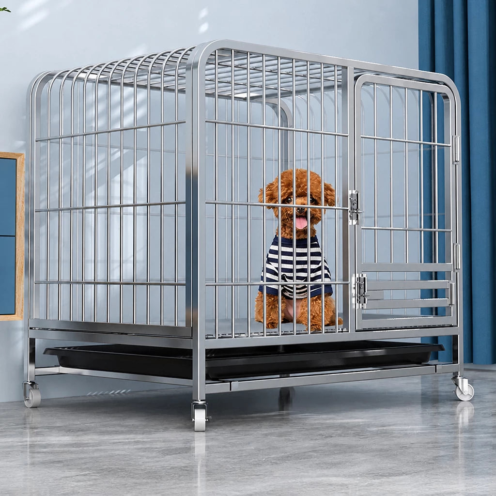 Indoor Dog Crate with Tray and Locking Casters