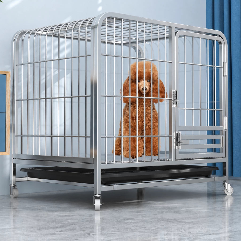 Indoor Dog Crate with Tray and Locking Casters