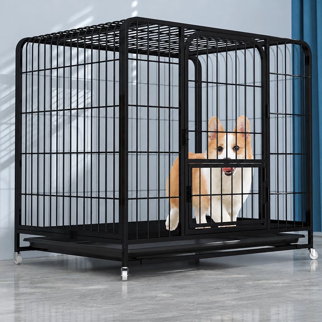 Indoor Dog Crate with Tray and Locking Casters