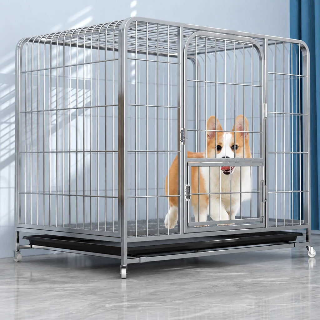 Indoor Dog Crate with Tray and Locking Casters