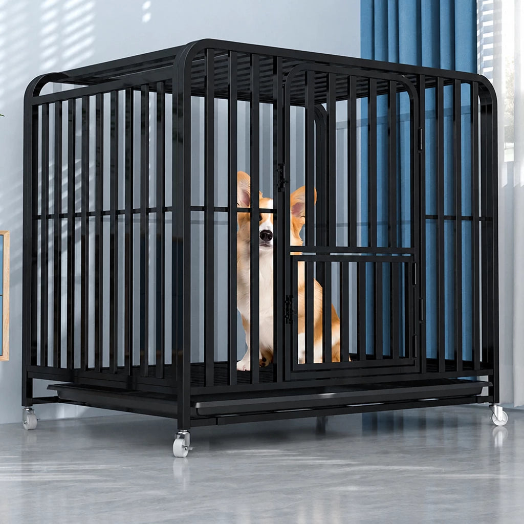 Indoor Dog Crate with Tray and Locking Casters