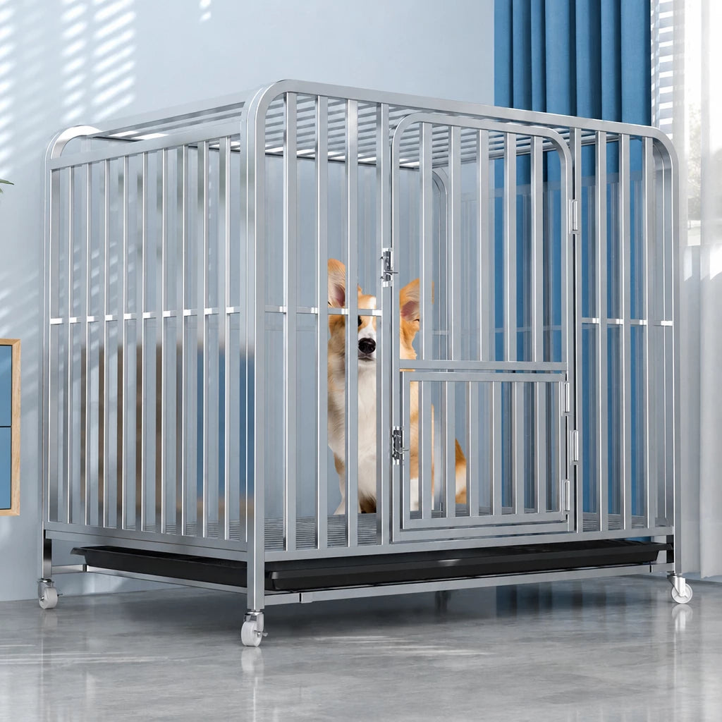 Indoor Dog Crate with Tray and Locking Casters