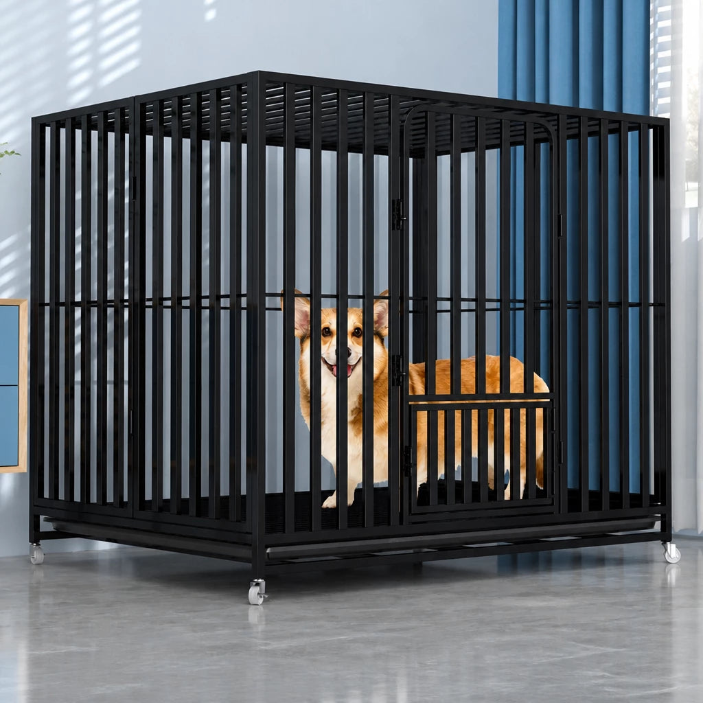 Indoor Dog Crate with Tray and Locking Casters
