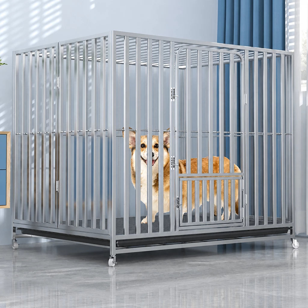 Indoor Dog Crate with Tray and Locking Casters