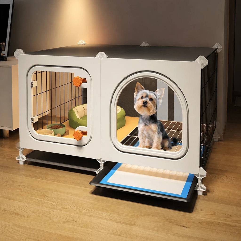 Indoor Dog Crate with Toilet Tray and Separate Living Area
