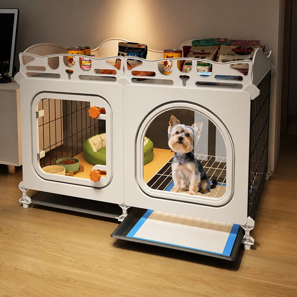 Indoor Dog Crate with Toilet Tray and Separate Living Area