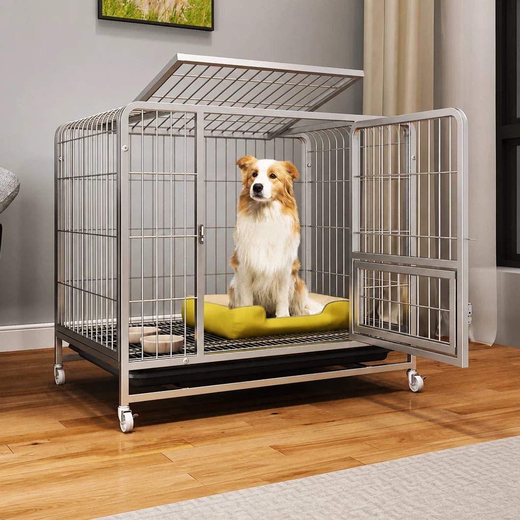 Reinforced Metal Dog Crate with Floor Tray for Medium to Large Dogs