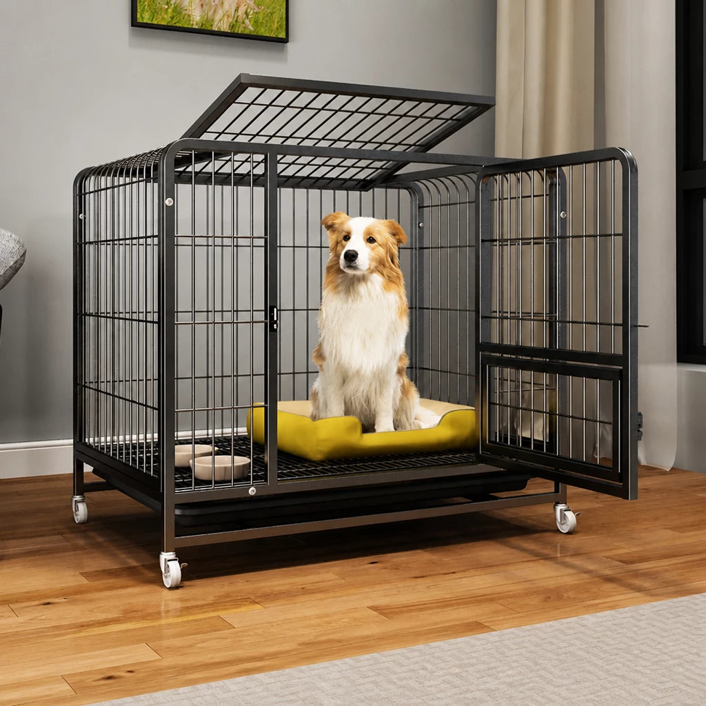 Reinforced Metal Dog Crate with Floor Tray for Medium to Large Dogs