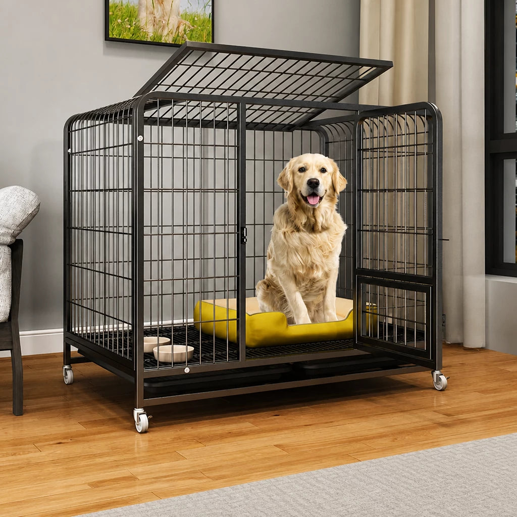 Reinforced Metal Dog Crate with Floor Tray for Medium to Large Dogs
