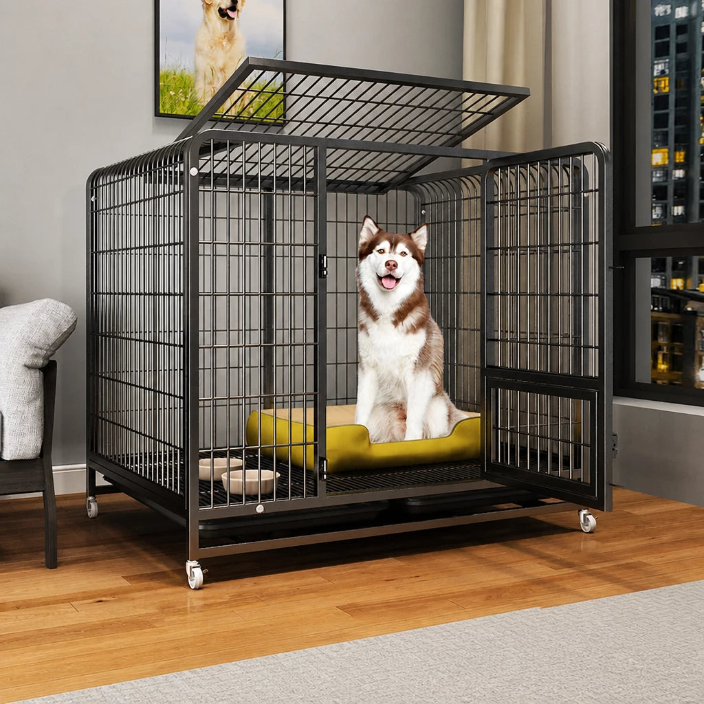 Reinforced Metal Dog Crate with Floor Tray for Medium to Large Dogs