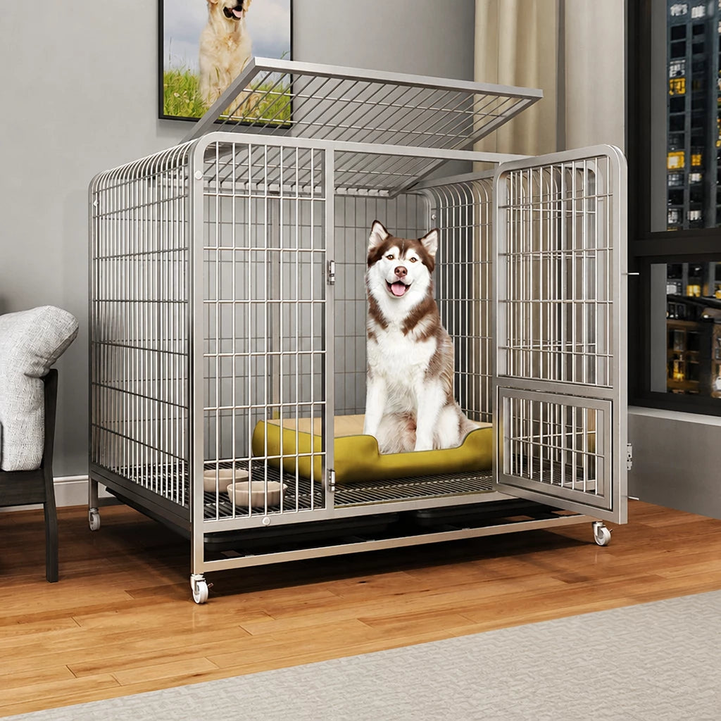 Reinforced Metal Dog Crate with Floor Tray for Medium to Large Dogs