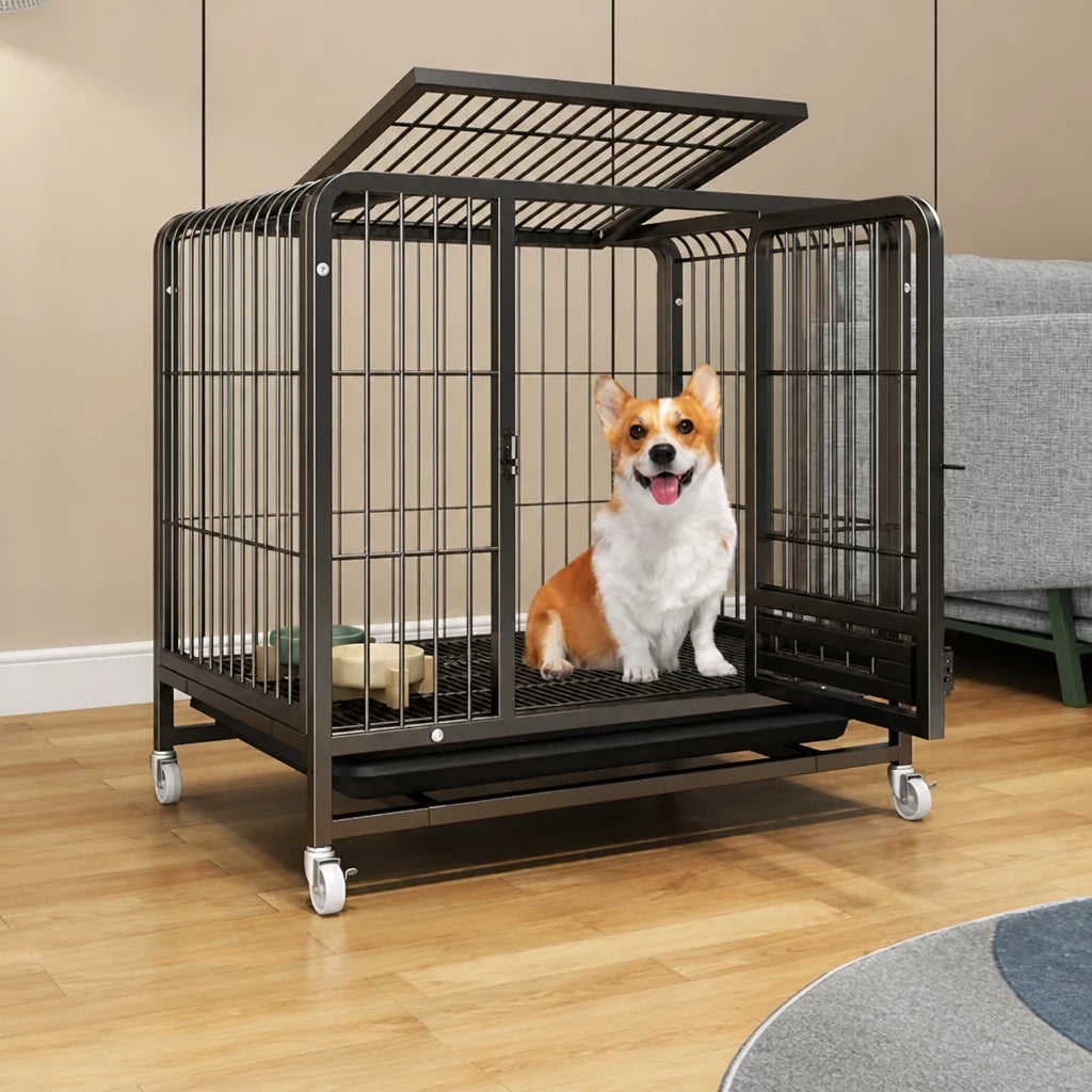 Reinforced Metal Dog Crate with Floor Tray for Medium to Large Dogs