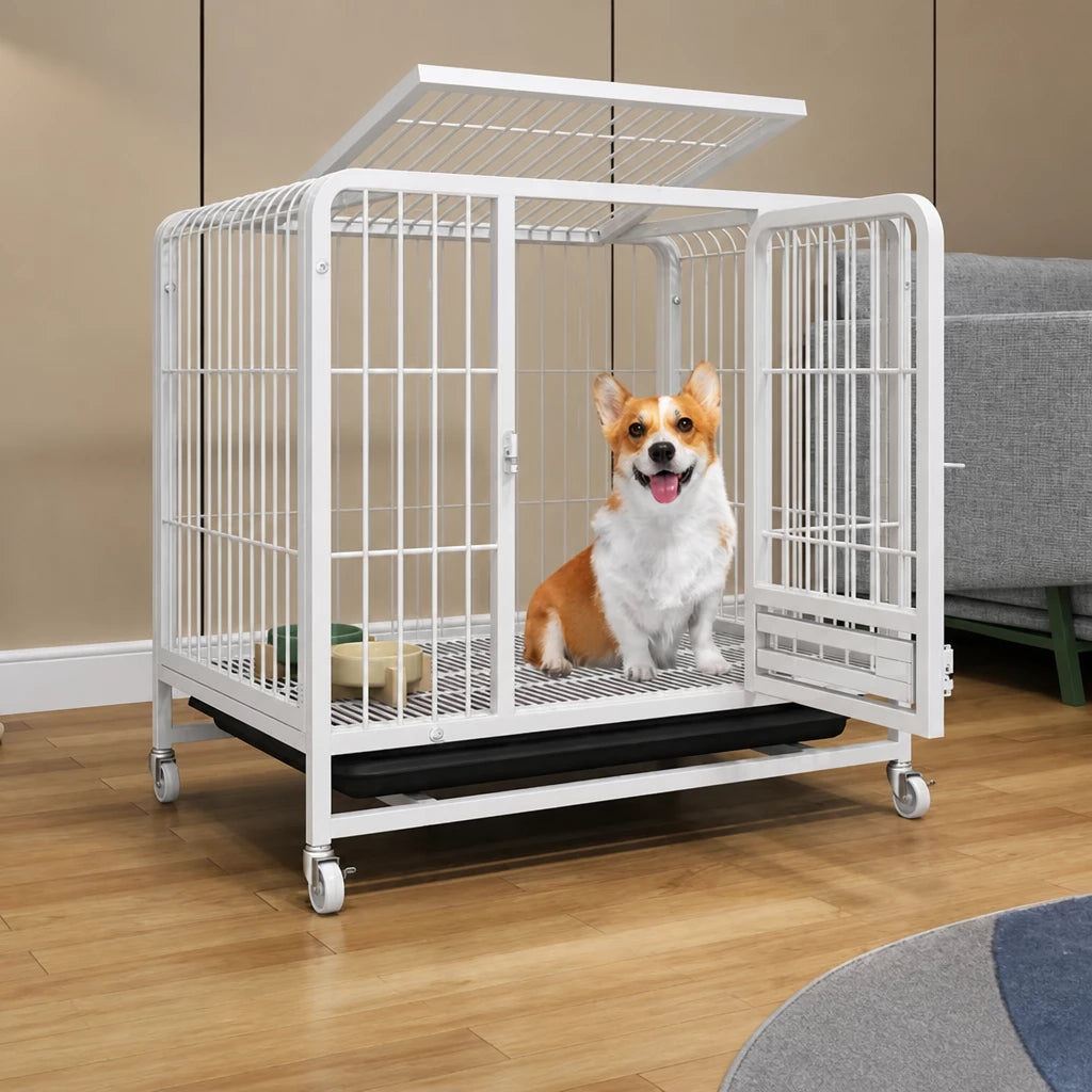 Reinforced Metal Dog Crate with Floor Tray for Medium to Large Dogs