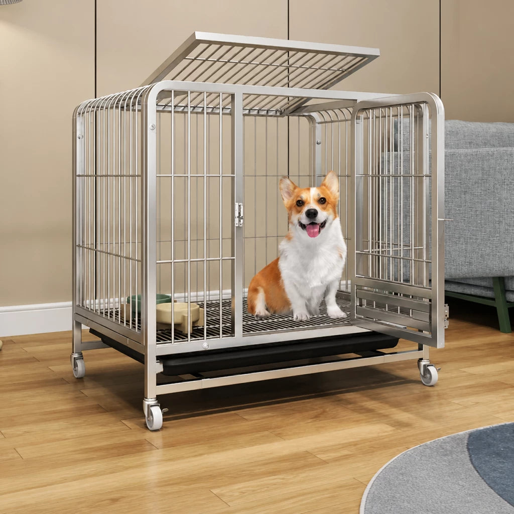 Reinforced Metal Dog Crate with Floor Tray for Medium to Large Dogs