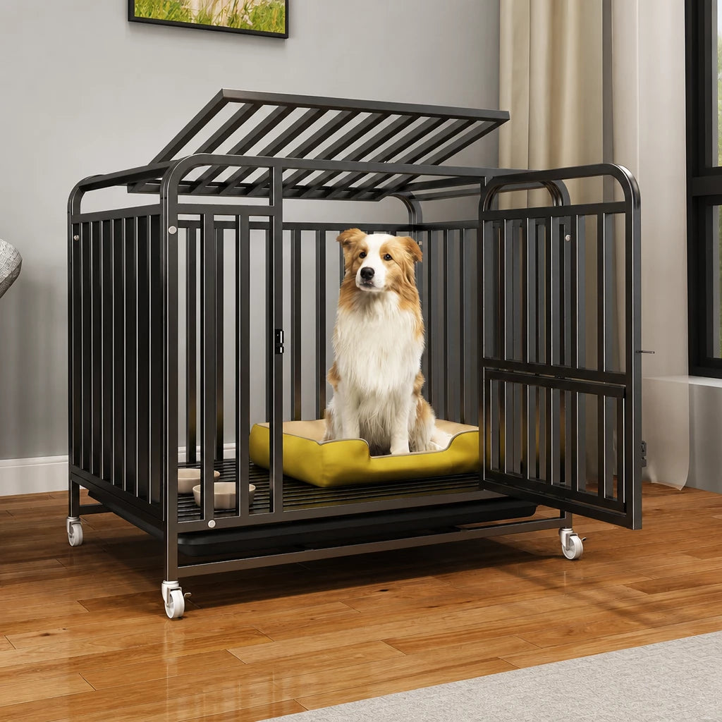 Reinforced Metal Dog Crate with Floor Tray for Medium to Large Dogs
