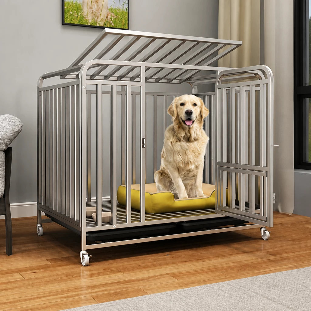 Reinforced Metal Dog Crate with Floor Tray for Medium to Large Dogs