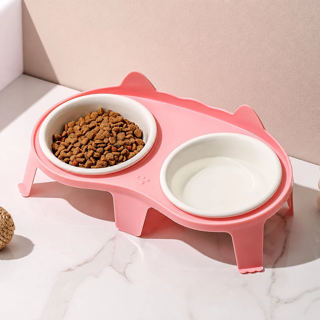 Ceramic Double Cat Bowls with Stand