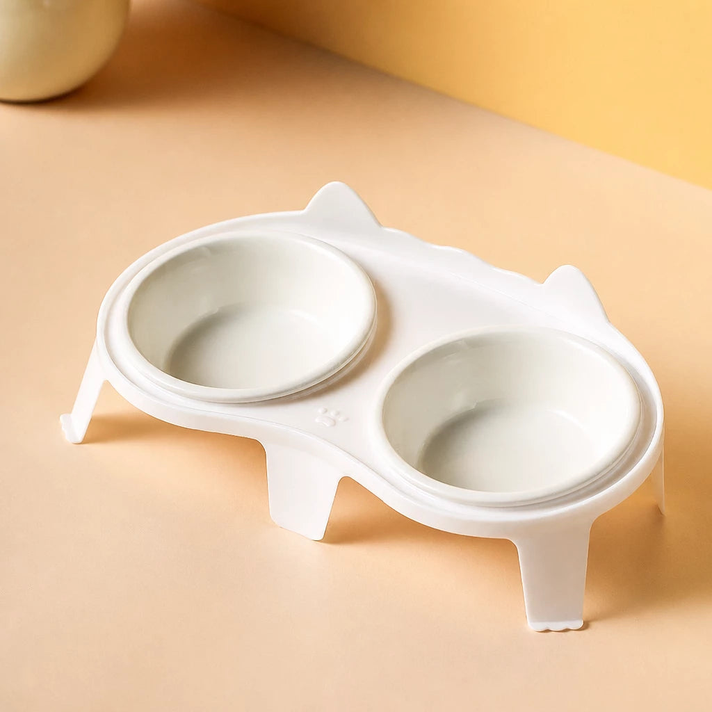 Ceramic Double Cat Bowls with Stand