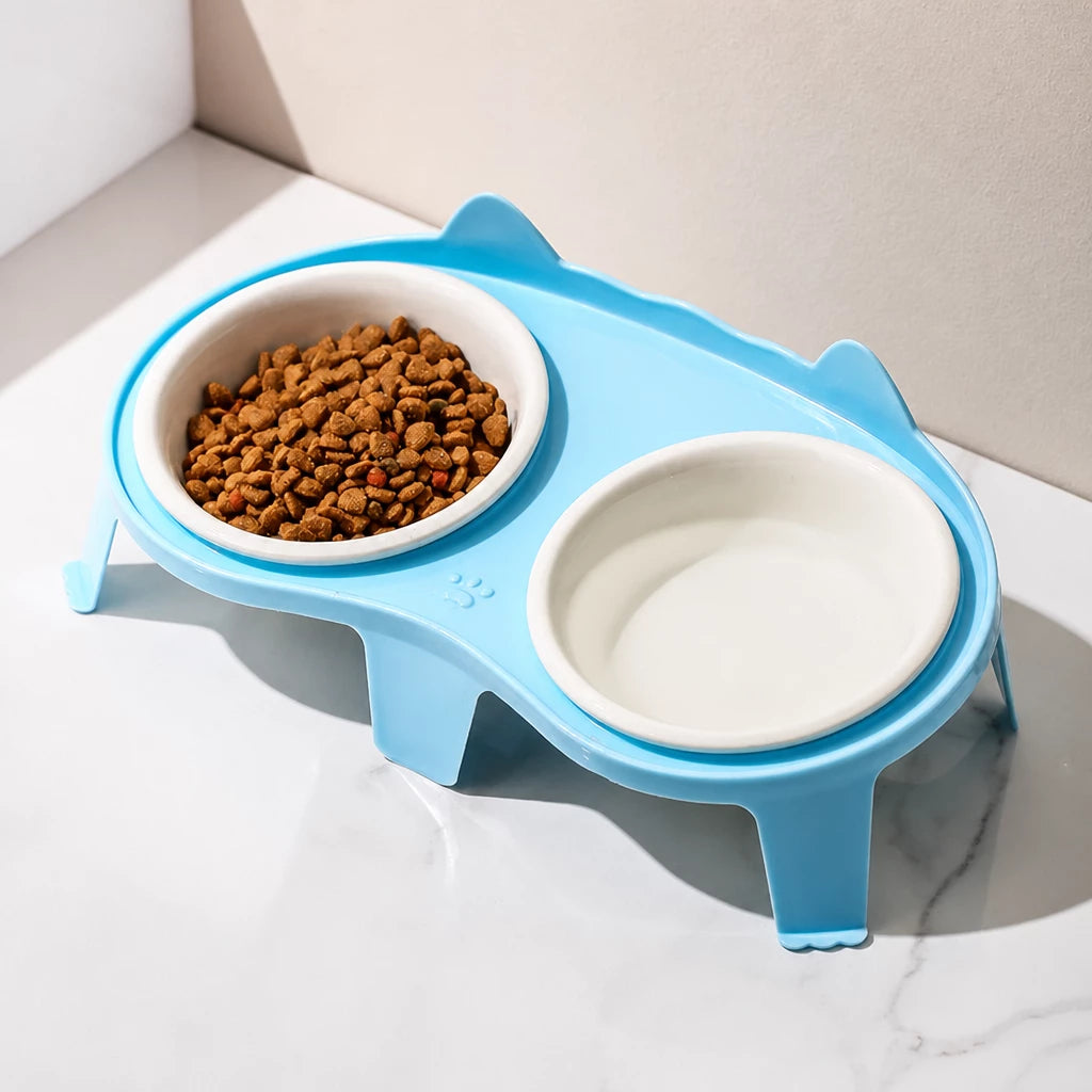Ceramic Double Cat Bowls with Stand