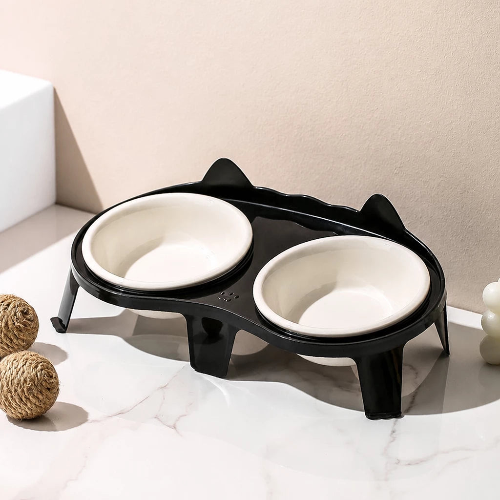Ceramic Double Cat Bowls with Stand