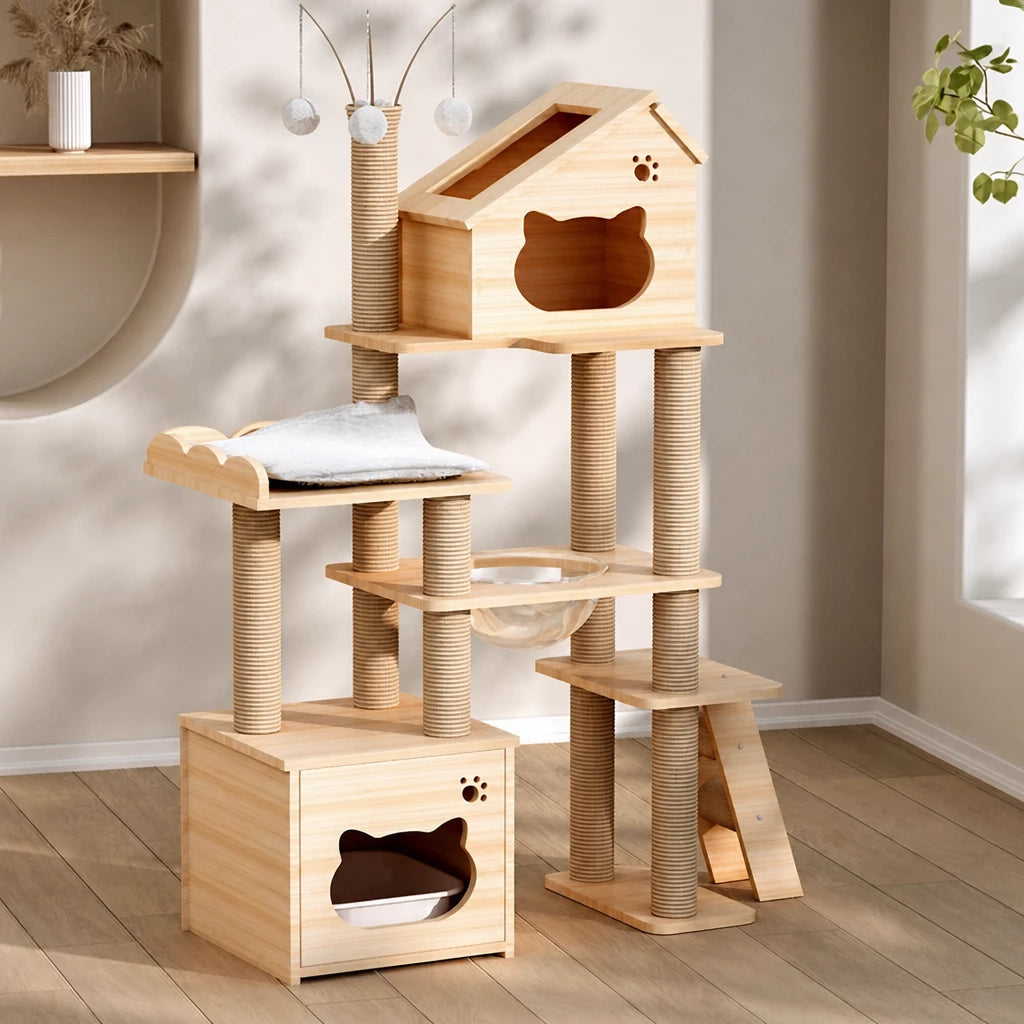 Mini Cat Tree with Enclosed Cat House and Scratching Post