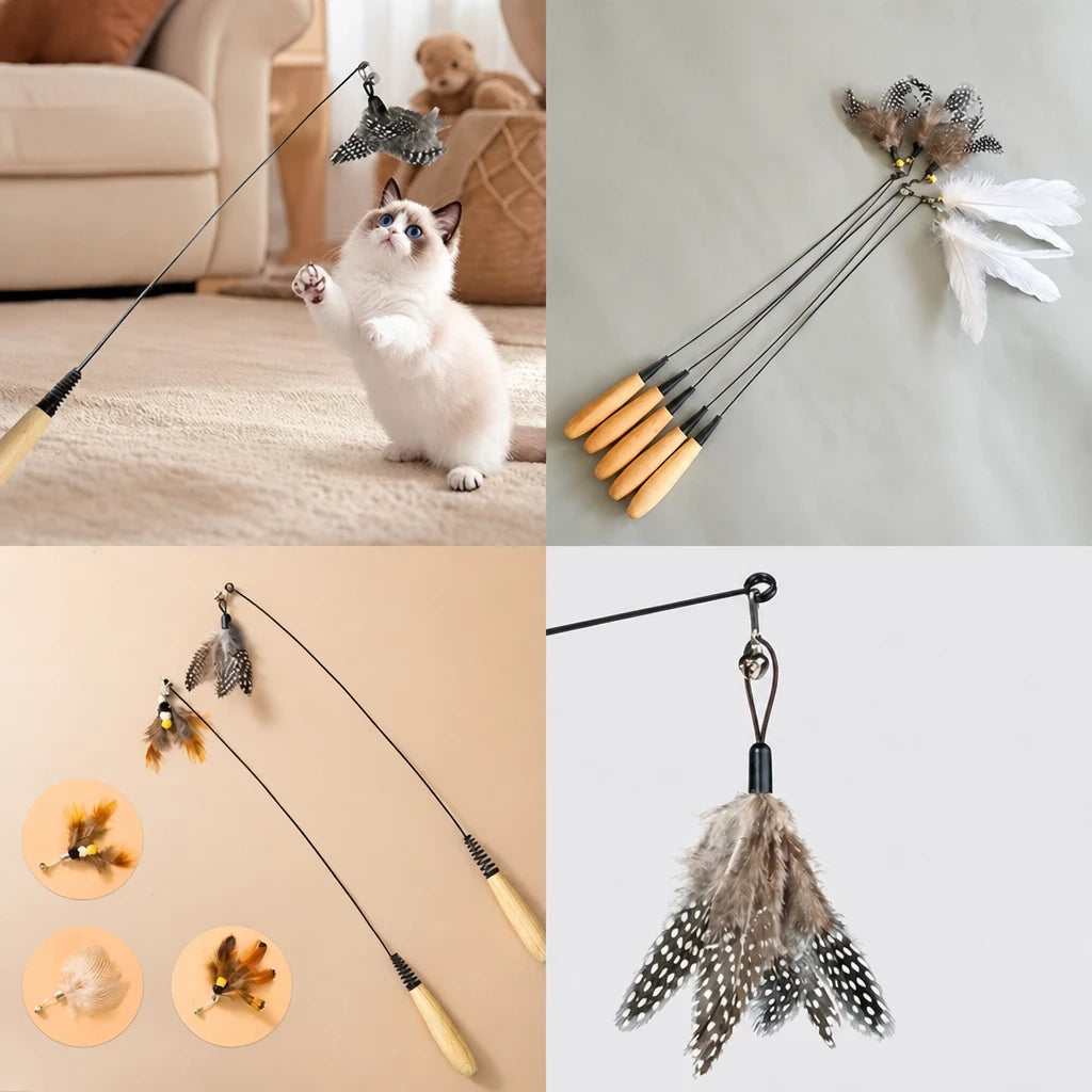 Interactive Cat Teaser Wand with Feather Replacement Heads
