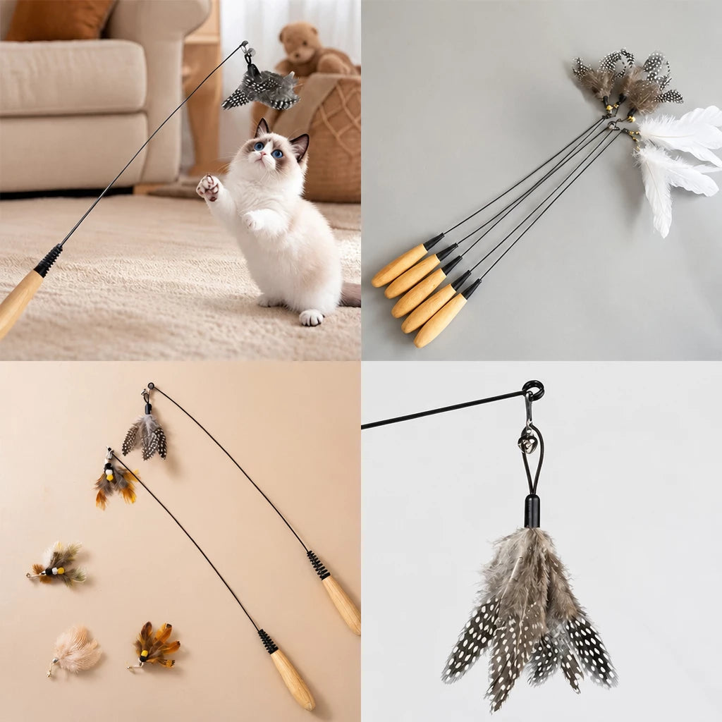 Interactive Cat Teaser Wand with Feather Replacement Heads