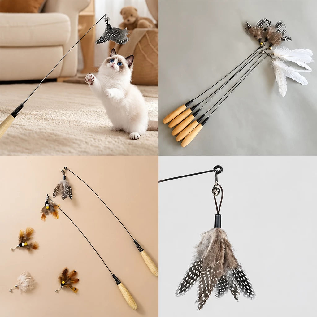 Interactive Cat Teaser Wand with Feather Replacement Heads