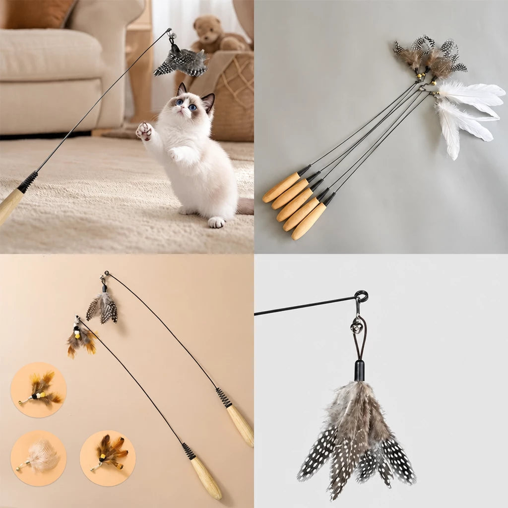 Interactive Cat Teaser Wand with Feather Replacement Heads