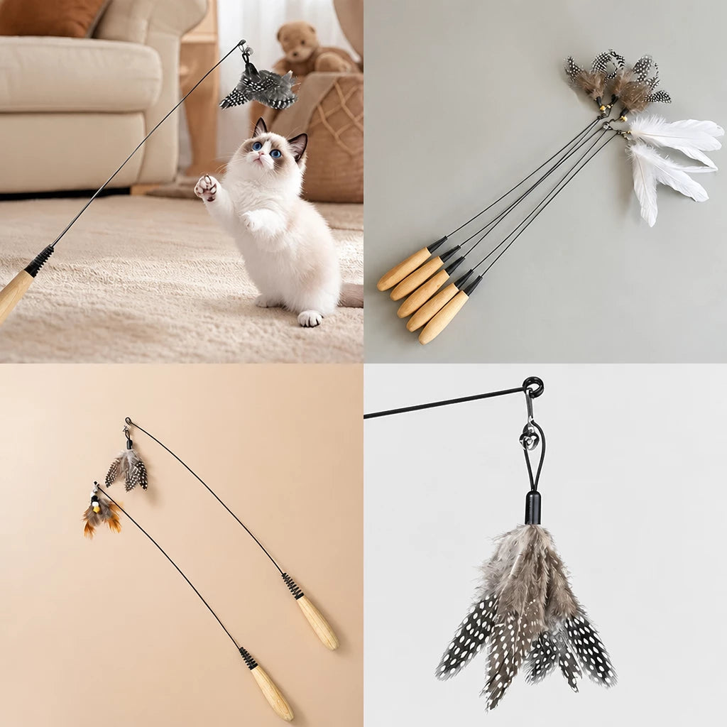 Interactive Cat Teaser Wand with Feather Replacement Heads