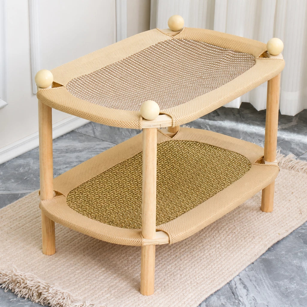 Two-Tier Wooden Cat Bed with Sisal Scratcher and Woven Mats