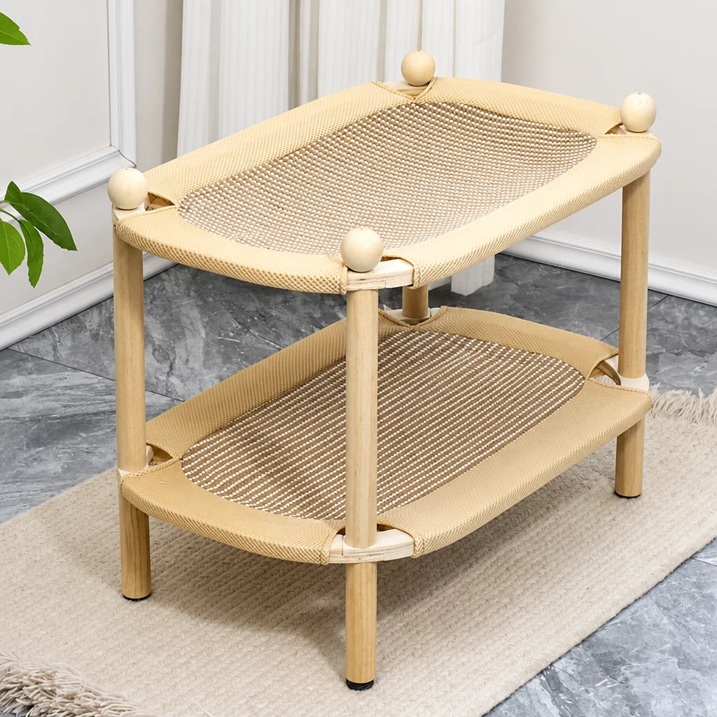 Two-Tier Wooden Cat Bed with Sisal Scratcher and Woven Mats
