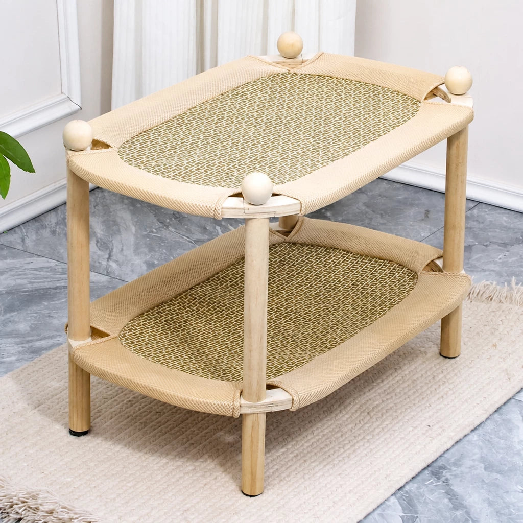 Two-Tier Wooden Cat Bed with Sisal Scratcher and Woven Mats