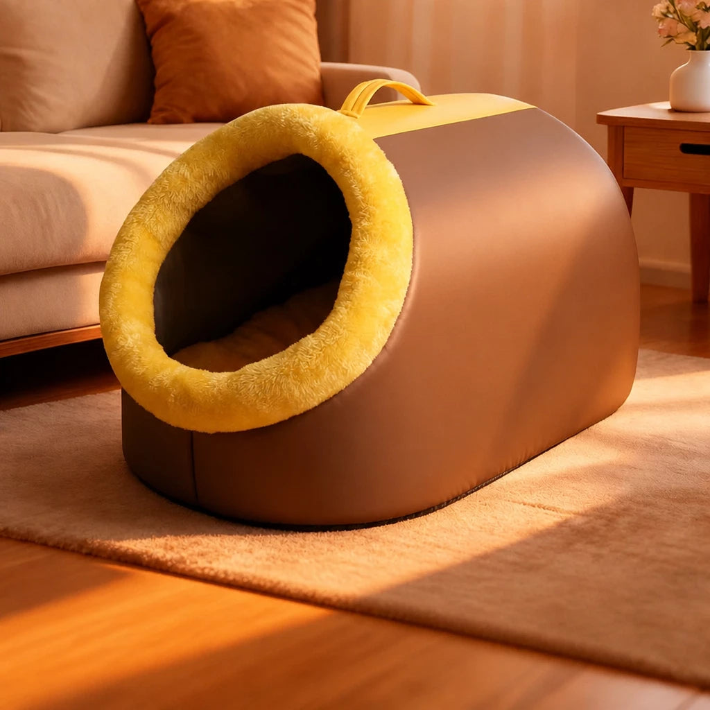 Enclosed Plush Pet Bed with Carry Handle for Cats and Small Dogs