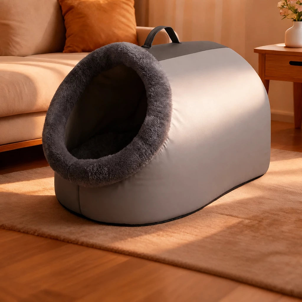 Enclosed Plush Pet Bed with Carry Handle for Cats and Small Dogs