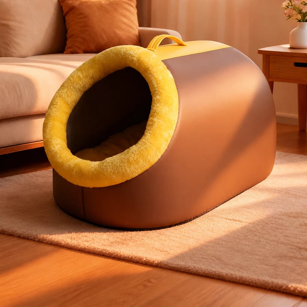 Enclosed Plush Pet Bed with Carry Handle for Cats and Small Dogs