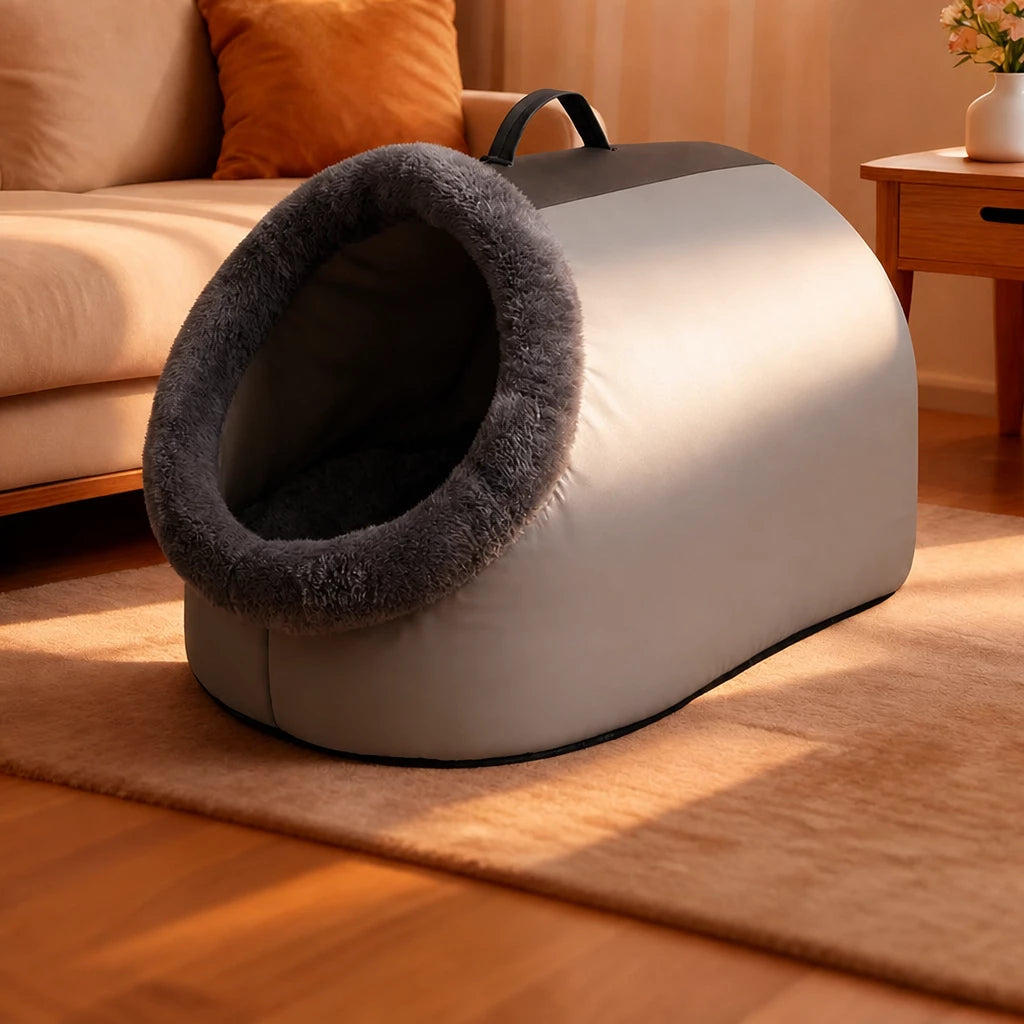 Enclosed Plush Pet Bed with Carry Handle for Cats and Small Dogs