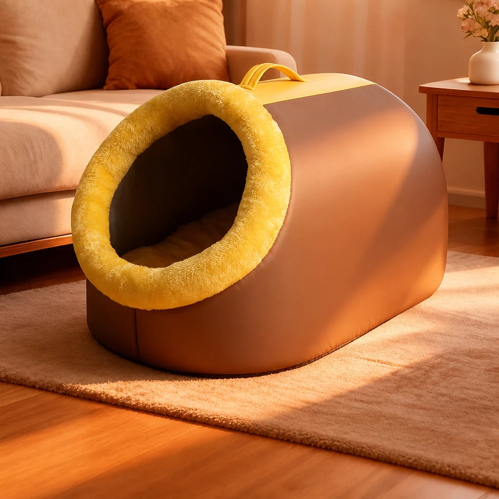 Enclosed Plush Pet Bed with Carry Handle for Cats and Small Dogs