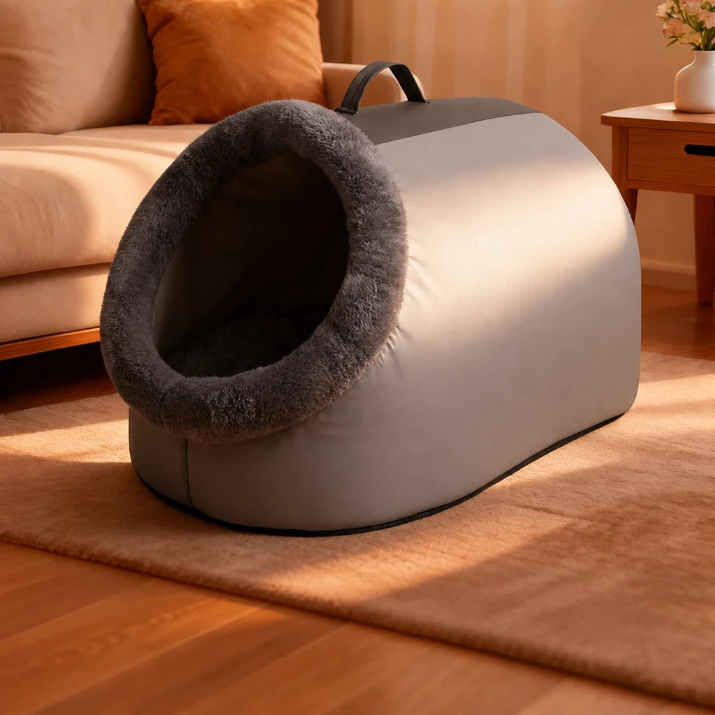 Enclosed Plush Pet Bed with Carry Handle for Cats and Small Dogs
