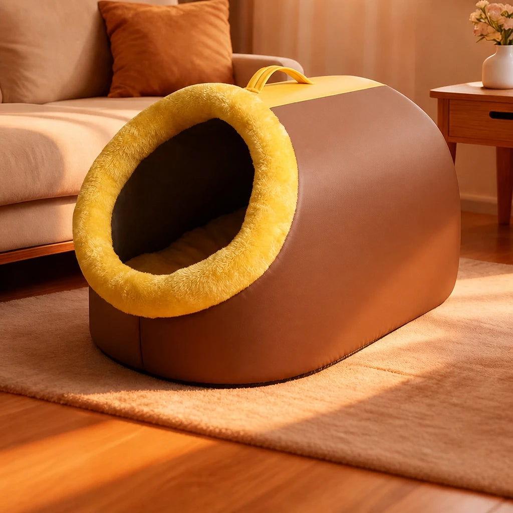 Enclosed Plush Pet Bed with Carry Handle for Cats and Small Dogs